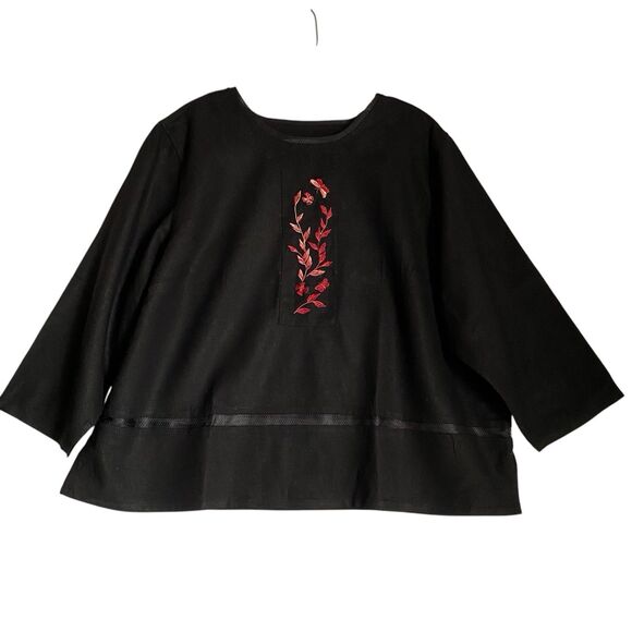 C.J. Banks Linen Cotton Top Blouse 1X Black Embroidered Round Neck Cottagecore - Picture 1 of 6